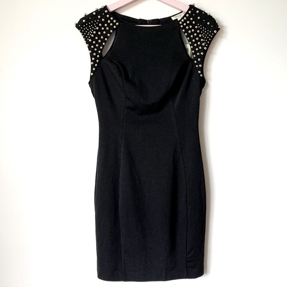 NEW ARDEN B Black Ponte Knit Cutout Bodice Gold Beaded Cocktail Dress Size Small - Picture 1 of 7